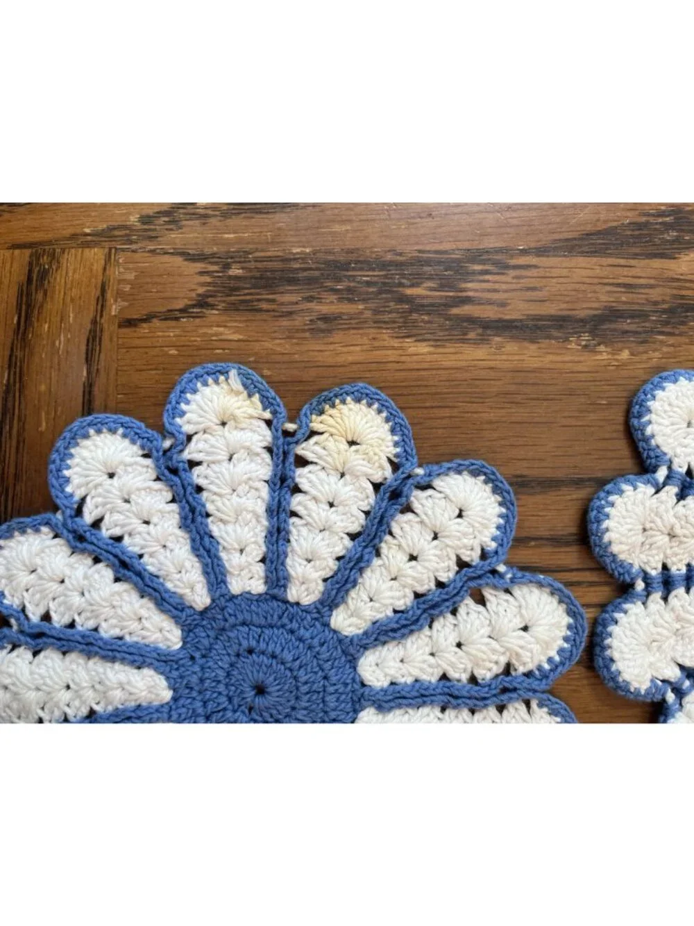 Vintage Handmade Crochet Daisy Pattern Doilies - Blue & Cream - Set Of 2 - 8 Inc
